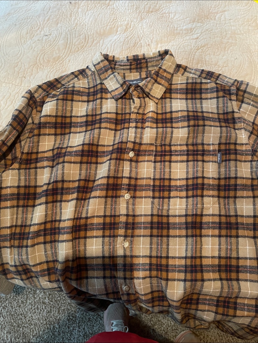 Eddie Bauer Beige and Brown Plaid Button-Down Shirt